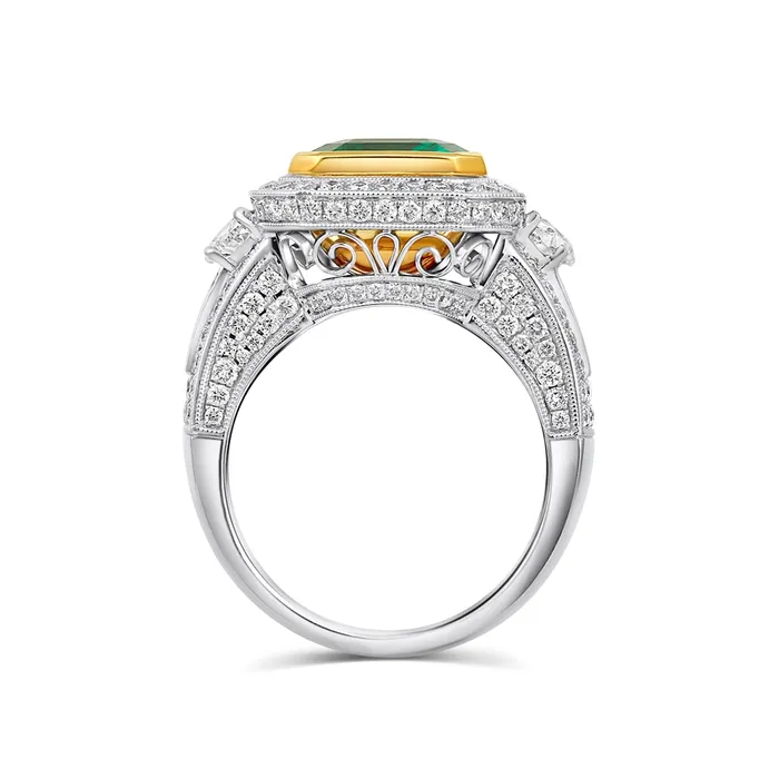 18K White Gold Wide Ring with Yellow Gold Bezel Set Emerald and Half Moon and Baguette Side Diamonds and Octagon Halo Meierotto Jewelers Rings 18K White Gold Wide Ring with Yellow Gold Bezel Set Emerald and Half Moon and Baguette Side Diamonds and Octagon Halo Meierotto Jewelers Rings