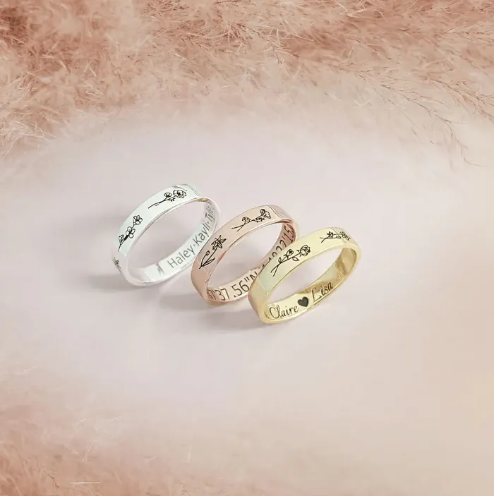 Belbren Rings Personalized Birth Flower Engraved Name Ring Unique Birthflower Design Special Gift for Her Belbren Rings Personalized Birth Flower Engraved Name Ring Unique Birthflower Design Special Gift for Her