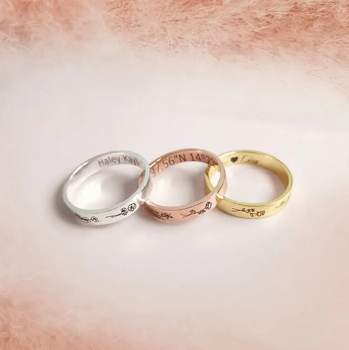 Belbren Rings Personalized Birth Flower Engraved Name Ring Unique Birthflower Design Special Gift for Her