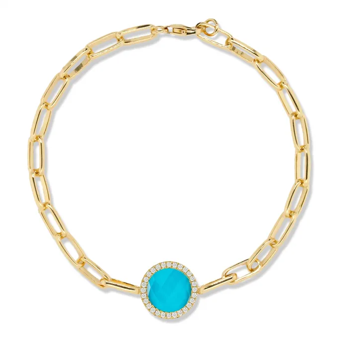 Bracelets Doves Doves 18K Yellow Gold Diamond Paperclip Bracelet with Clear Quartz over Turquoise Bracelets Doves Doves 18K Yellow Gold Diamond Paperclip Bracelet with Clear Quartz over Turquoise