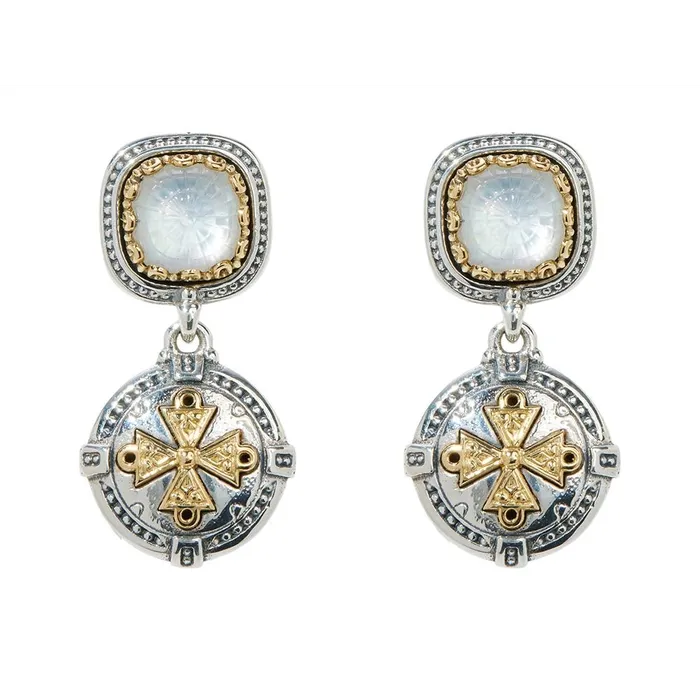 Earrings Konstantino Konstantino Dome Silver and 18K Gold Crystal over Mother Of Pearl Doublet Etched Dangle Earrings