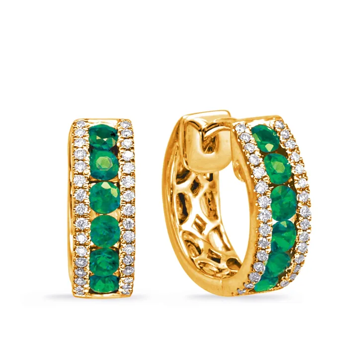 Earrings Meierotto Jewelers 14K Yellow Gold Emerald and Diamond Hoop Earrings Earrings Meierotto Jewelers 14K Yellow Gold Emerald and Diamond Hoop Earrings
