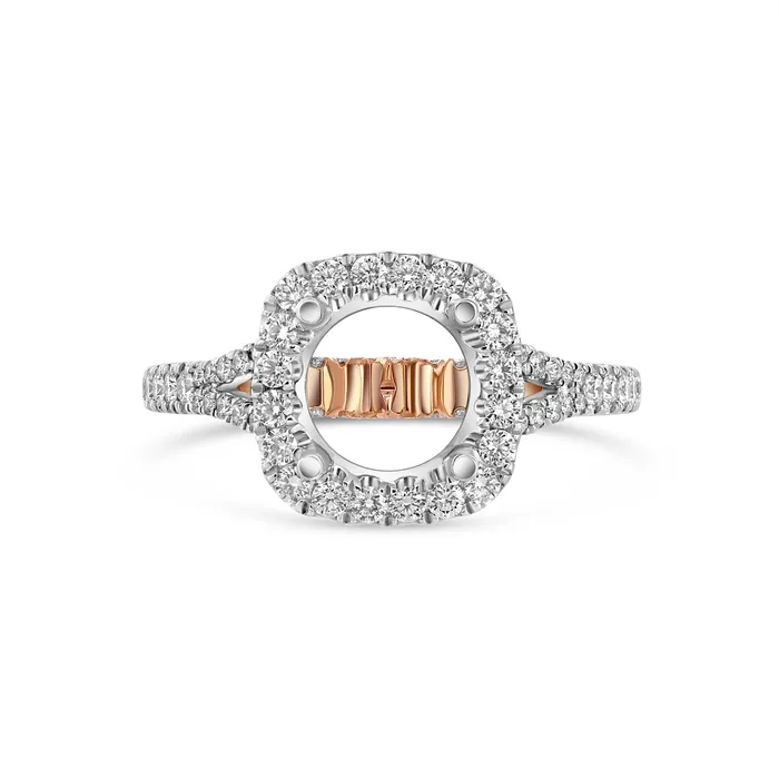 Engagement Collections Rings 18K White Gold Semi Mount Ring with Cushion Halo Rose Gold Inlay Engagement Collections Rings 18K White Gold Semi Mount Ring with Cushion Halo Rose Gold Inlay
