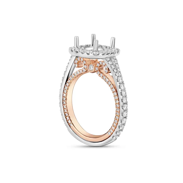 Engagement Collections Rings 18K White Gold Semi Mount Ring with Cushion Halo Rose Gold Inlay Engagement Collections Rings 18K White Gold Semi Mount Ring with Cushion Halo Rose Gold Inlay