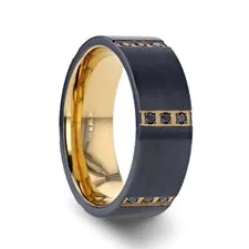 Flat Brushed Black Titanium Band with Gold Plated Stainless Steel Bezels with Black Diamonds Mens Bands Rings Flat Brushed Black Titanium Band with Gold Plated Stainless Steel Bezels with Black Diamonds Mens Bands Rings