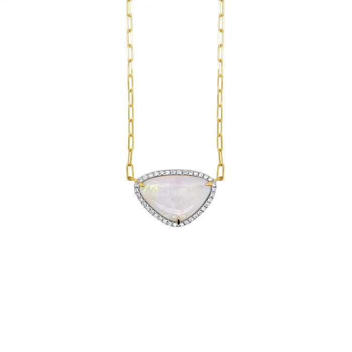 Frederic Sage 18K Yellow Gold Triangular Australian Opal with Diamond Halo on Paperclip Chain Necklace Frederic Sage Necklaces Frederic Sage 18K Yellow Gold Triangular Australian Opal with Diamond Halo on Paperclip Chain Necklace Frederic Sage Necklaces