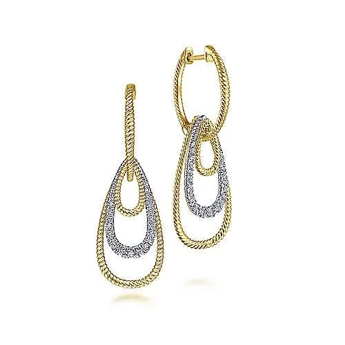 Gabriel Co Earrings 14K Yellow and White Gold Diamond Huggie Hoop Earrings with Graduating Teardrop Dangles Gabriel Co Earrings 14K Yellow and White Gold Diamond Huggie Hoop Earrings with Graduating Teardrop Dangles