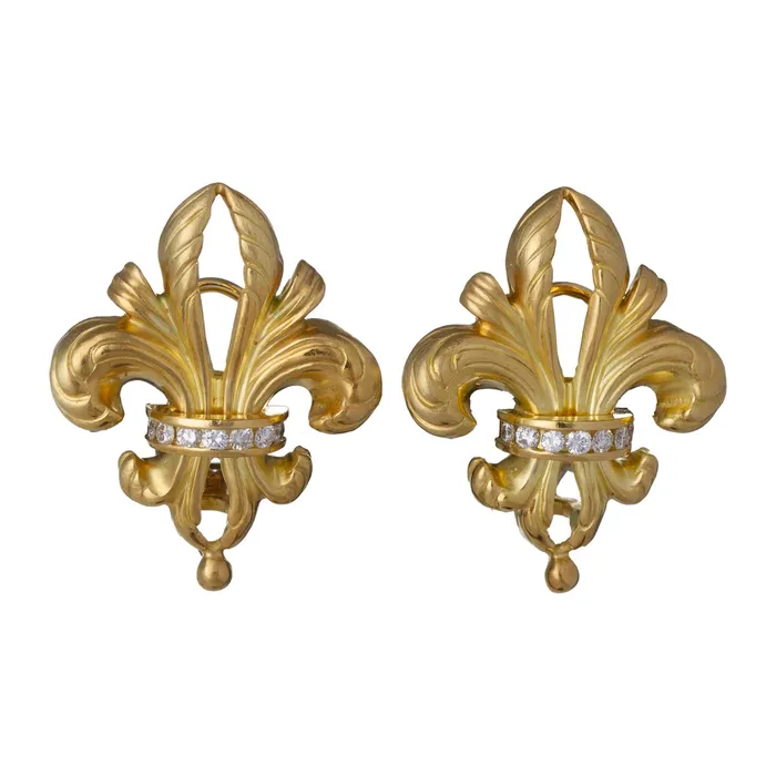 Lagos Earrings Lagos 18K Yellow Gold Diamond Fleur de Lis Earrings Estate Lagos Earrings Lagos 18K Yellow Gold Diamond Fleur de Lis Earrings Estate