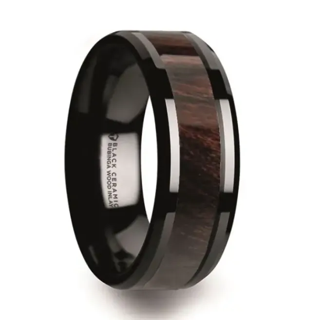 Mens Bands Rings Black Ceramic 8mm Band with Bubinga Wood Inlay