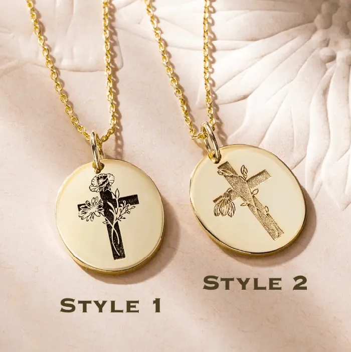 Necklaces Sterling Silver Birth Flower Cross Necklace Engraved Verse Floral Womens Gift Belbren