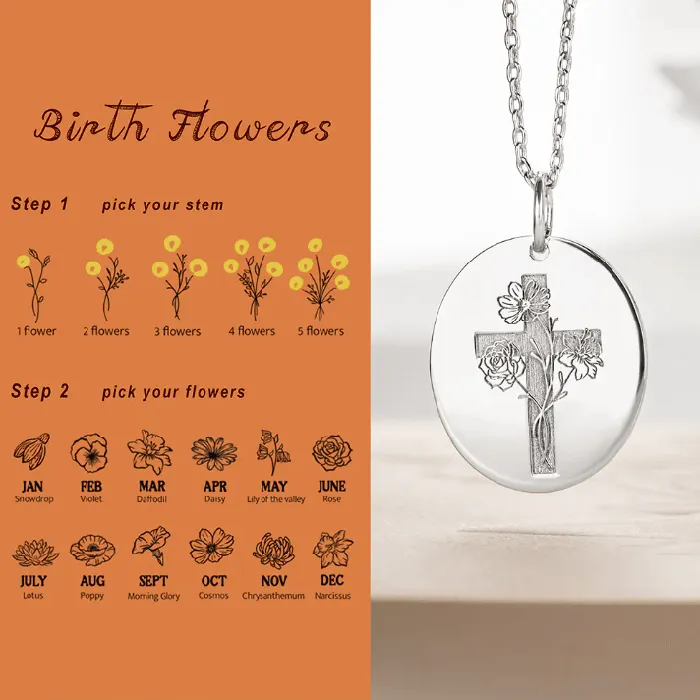 Necklaces Sterling Silver Birth Flower Cross Necklace Engraved Verse Floral Womens Gift Belbren