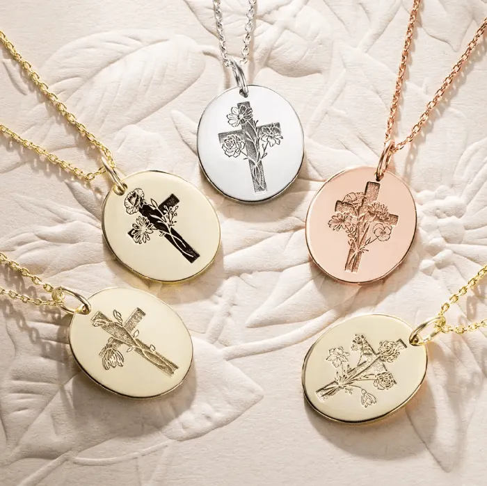 Necklaces Sterling Silver Birth Flower Cross Necklace Engraved Verse Floral Womens Gift Belbren
