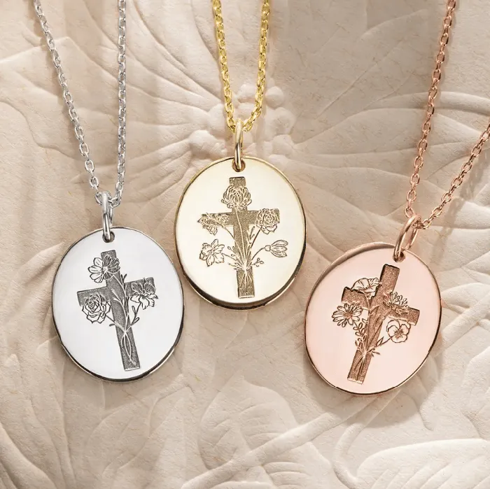 Necklaces Sterling Silver Birth Flower Cross Necklace Engraved Verse Floral Womens Gift Belbren