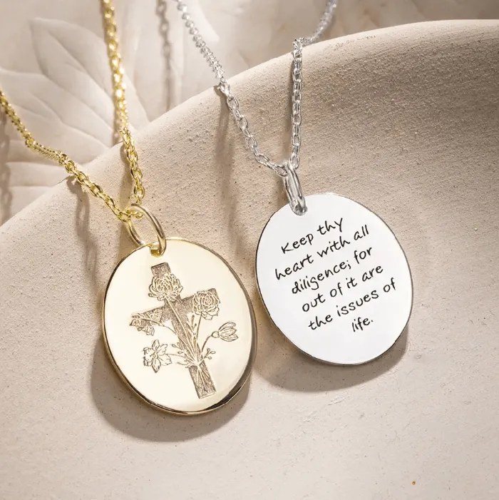 Necklaces Sterling Silver Birth Flower Cross Necklace Engraved Verse Floral Womens Gift Belbren