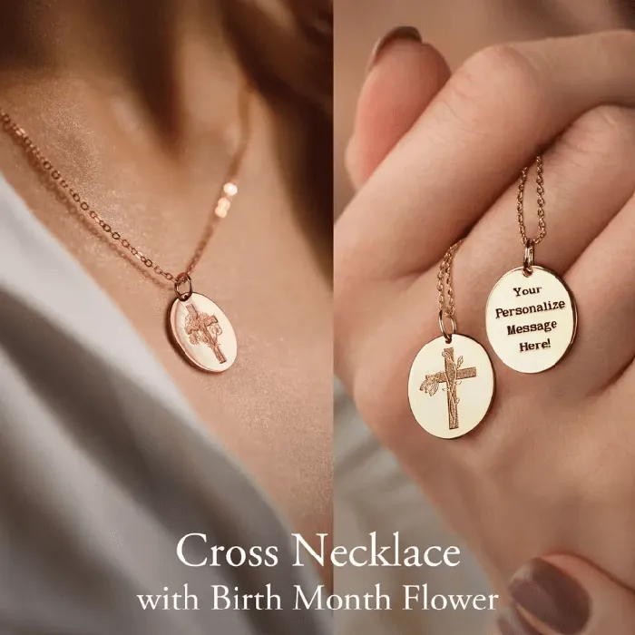 Necklaces Sterling Silver Birth Flower Cross Necklace Engraved Verse Floral Womens Gift Belbren