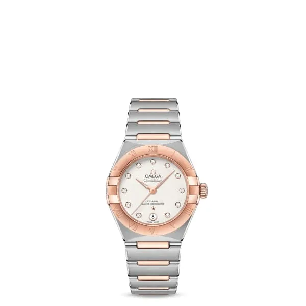 Omega Bracelets Omega Constellation 29mm Watch Ref 13120292052001 White Diamond Index Dial 18K Rose Gold Bezel Two Tone Stainless Steel 18K Rose Gold Bracelet