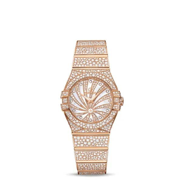 Omega Constellation 27mm Watch Ref 12355276055009 White Mother of Pearl Diamond Index Dial 18K Rose Gold Diamond Bracelet Omega Bracelets