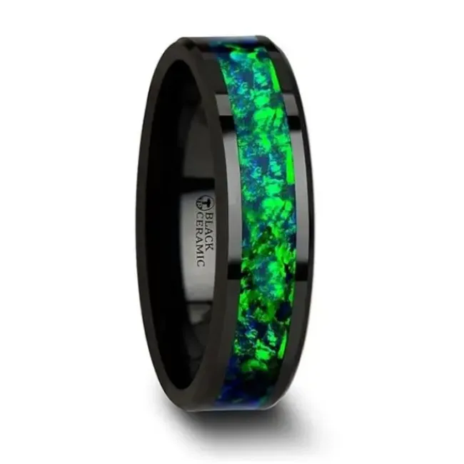 Rings Mens Bands Black Ceramic 6mm Band with Blue Green Opal Inlay