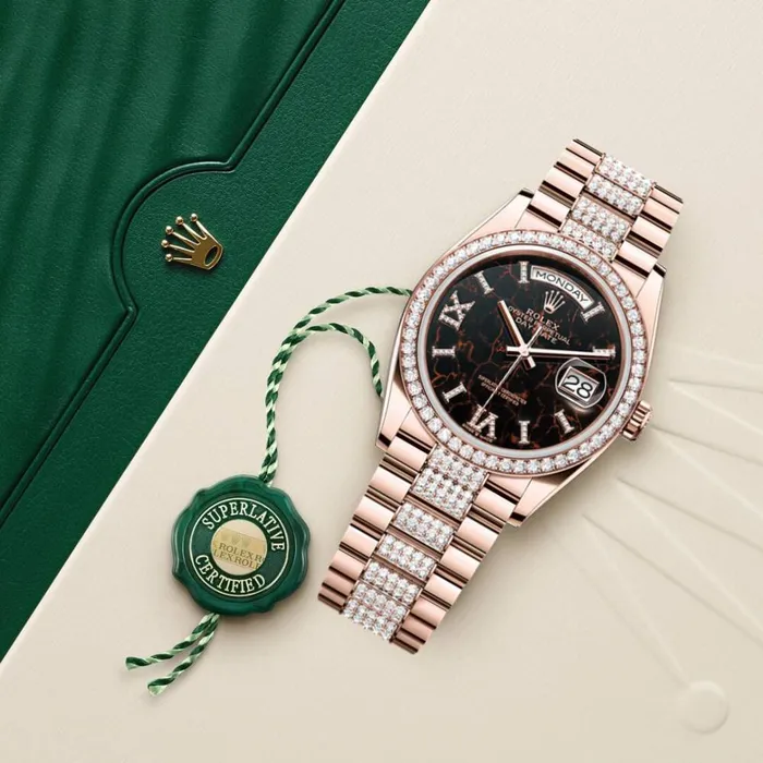Rolex Bracelets Rolex Day Date 36mm Ref 128345rbr0045 Eisenkiesel Diamond Dial Diamond Bezel 18K Rose Gold Diamonds President Bracelet Watch