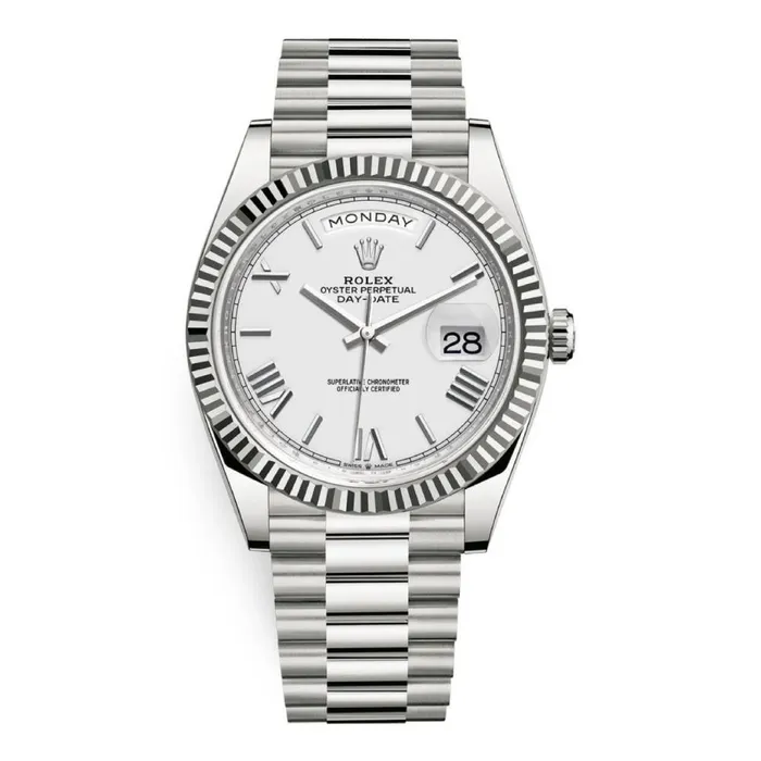Rolex Day Date 40mm Ref 2282390046 White Roman Dial Fluted Bezel 18K White Gold President Bracelet Mens Watch Rolex Bracelets Rolex Day Date 40mm Ref 2282390046 White Roman Dial Fluted Bezel 18K White Gold President Bracelet Mens Watch Rolex Bracelets