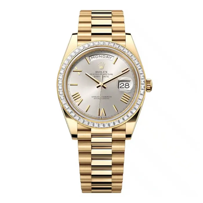 Rolex Day Date 40mm Ref 228398tbr0006 Silver Roman Dial Diamond Bezel 18K Yellow Gold President Bracelet Mens Watch Rolex Bracelets Rolex Day Date 40mm Ref 228398tbr0006 Silver Roman Dial Diamond Bezel 18K Yellow Gold President Bracelet Mens Watch Rolex Bracelets