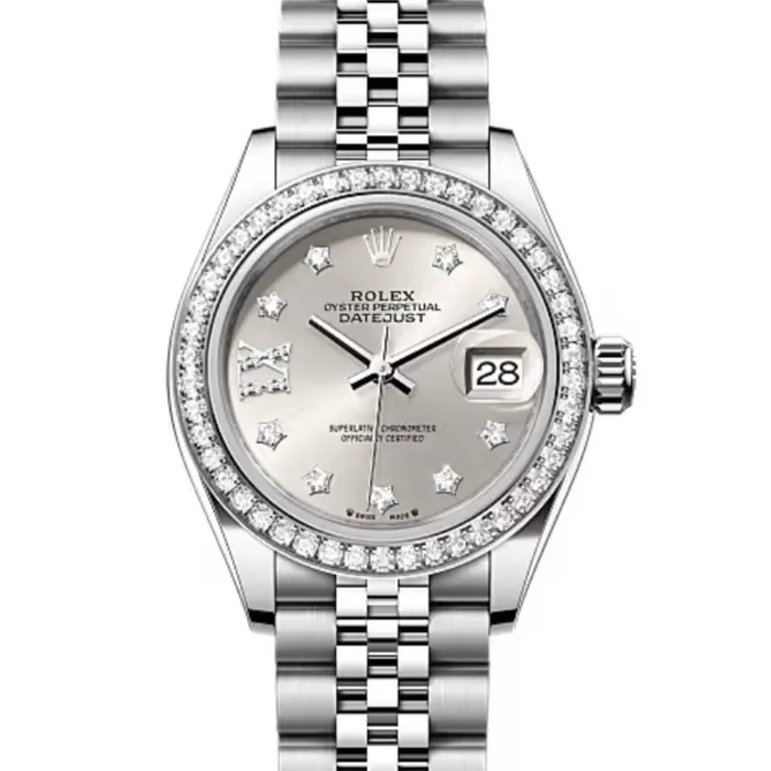 Rolex Rolex LadyDatejust 28mm Ref 279384rbr0021 Silver Diamond Dial Diamond Bezel Stainless Steel Jubilee Bracelet Womens Watch Bracelets