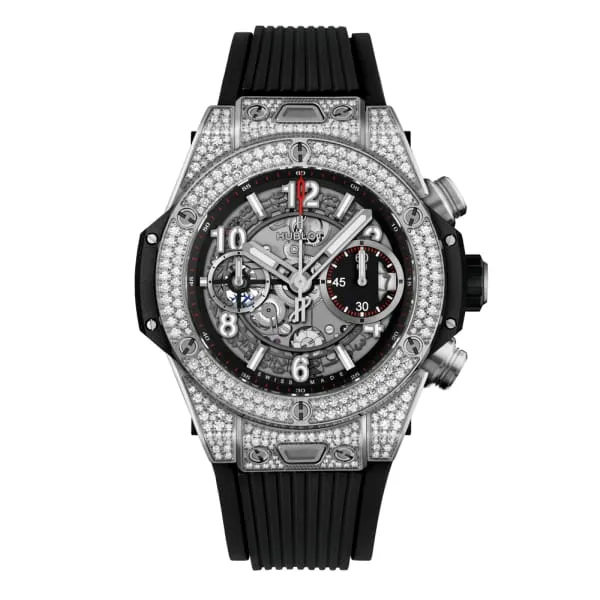 Watches Hublot Hublot Big Bang Unico Titanium Pave 42mm Watch Ref 441NX1170RX1704 Skeleton Dial Diamond Bezel in Titanium Case Black Lined Rubber Strap Watches Hublot Hublot Big Bang Unico Titanium Pave 42mm Watch Ref 441NX1170RX1704 Skeleton Dial Diamond Bezel in Titanium Case Black Lined Rubber Strap