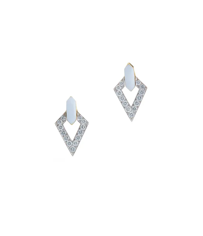 David Webb LLC Earrings Double Diamond Stud Earrings White Enamel