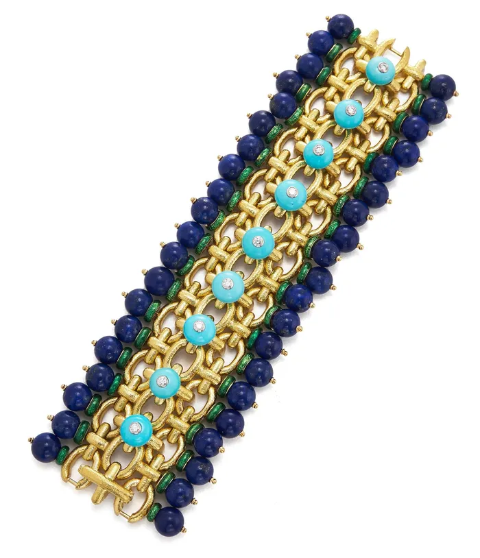 David Webb Workshop Bracelets Brocade Bracelet Diamonds Turquoise Lapis Lazuli