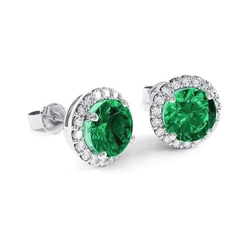 GB Earrings 950 Carats Round Prong Set Green Emerald With Natural Earth Mined Diamond Stud White Gold 14K GB Earrings 950 Carats Round Prong Set Green Emerald With Natural Earth Mined Diamond Stud White Gold 14K
