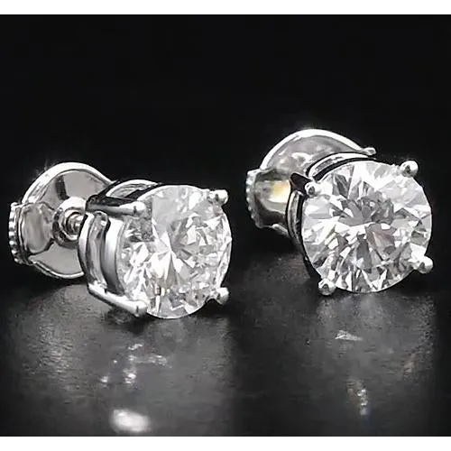 GB Earrings Natural Earth Mined Diamond Stud Earrings 2 Carats Four Prong Round White Gold 14K