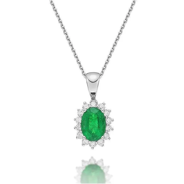GB Necklaces Oval Green Emerald And Round Natural Earth Mined Diamond Pendant 875 Carats White Gold 14K GB Necklaces Oval Green Emerald And Round Natural Earth Mined Diamond Pendant 875 Carats White Gold 14K