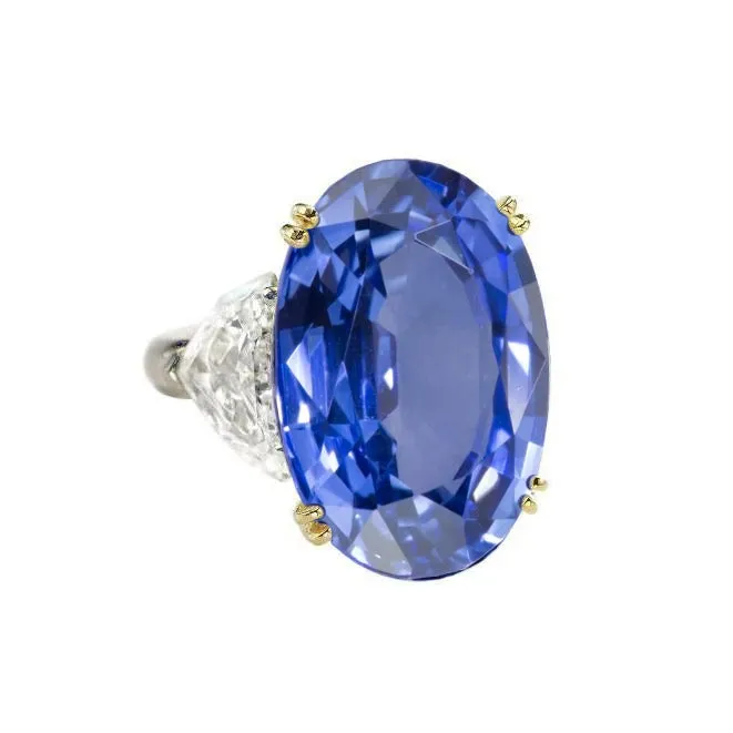 GB Rings Ceylon Sapphire Oval And Trillion Natural Earth Mined Diamonds Ring 3Stone GB Rings Ceylon Sapphire Oval And Trillion Natural Earth Mined Diamonds Ring 3Stone
