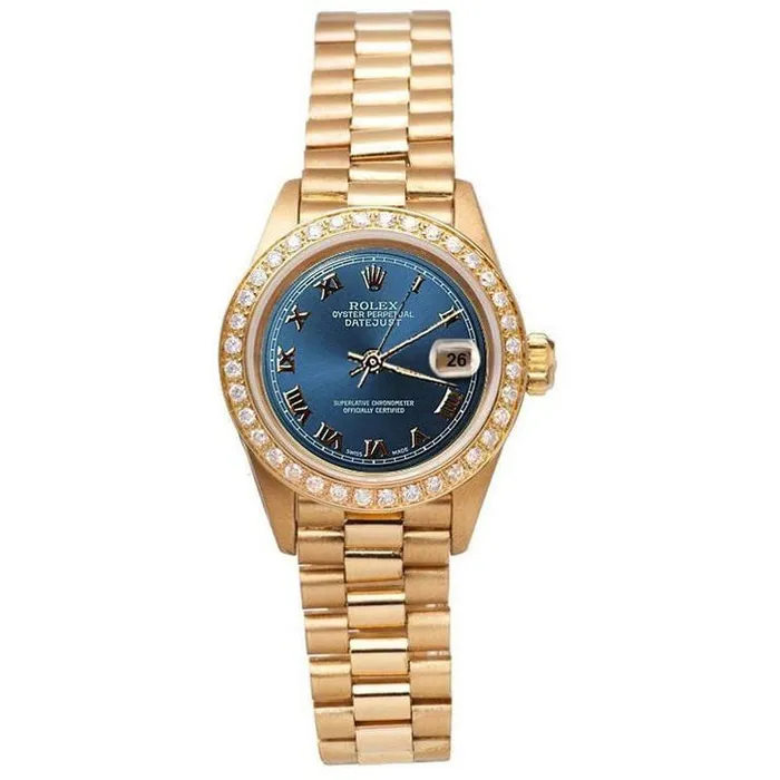 GB Watches Diamond Bezel Blue Roman Dial Rolex Yg President Style Watch Dj GB Watches Diamond Bezel Blue Roman Dial Rolex Yg President Style Watch Dj