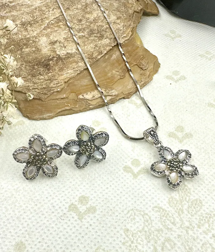 Marcasite Necklaces The Triya Silver Marcasite Pendant Set Mother of Pearl Marcasite Necklaces The Triya Silver Marcasite Pendant Set Mother of Pearl