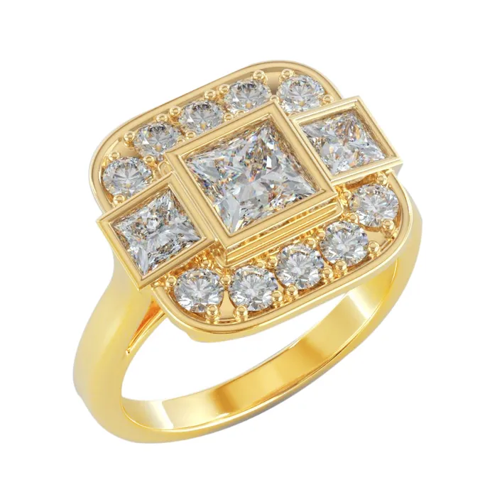 Princess And Round Natural Earth Mined Diamond Wedding 215 Carats Ring Yellow Gold 18K GB Rings