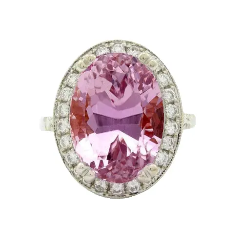 Rings GB 26 Carats Pink Kunzite Halo Natural Earth Mined Diamonds Ring Prong Set White Gold 14K Rings GB 26 Carats Pink Kunzite Halo Natural Earth Mined Diamonds Ring Prong Set White Gold 14K