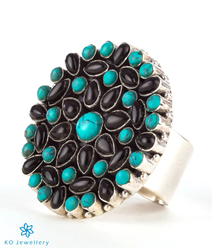 Rings Gemstone The Prisha Silver Gemstone Cocktail FingerringBlackTurquoise