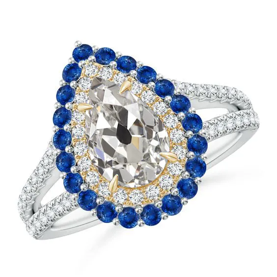 Rings HarryChadEntcom Real Two Tone Halo Natural Earth Mined Diamond Ring Pear Old Cut With Blue Sapphires 5 Carats Rings HarryChadEntcom Real Two Tone Halo Natural Earth Mined Diamond Ring Pear Old Cut With Blue Sapphires 5 Carats