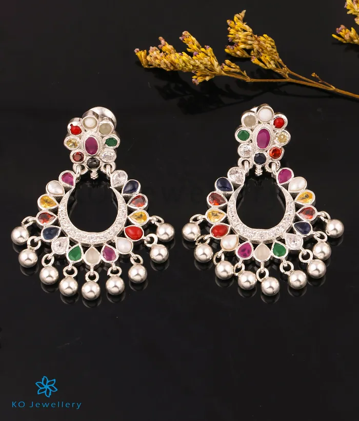 Rings Silversmith The Meghana Silver Navaratna Chand Bali Bright Silver