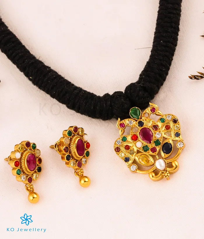 Silversmith Necklaces The Avani Gandaberunda Silver Navratna Thread Necklace Black Silversmith Necklaces The Avani Gandaberunda Silver Navratna Thread Necklace Black