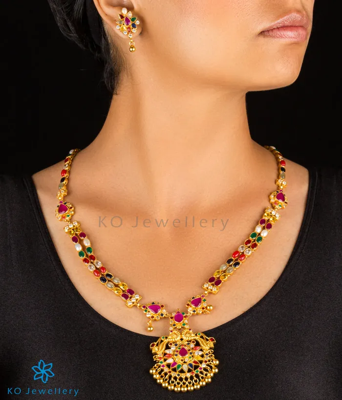 Silversmith Necklaces The Kumaravahin Silver Peacock Navaratna Necklace