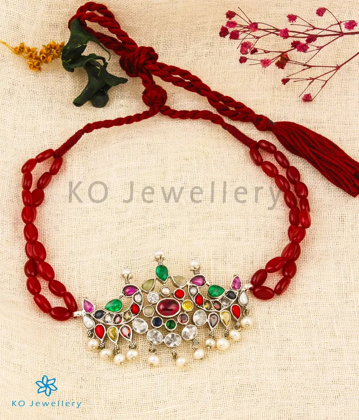 Silversmith Necklaces The Tanishka Silver Navratna Choker Necklace Vanki Oxidised Silversmith Necklaces The Tanishka Silver Navratna Choker Necklace Vanki Oxidised