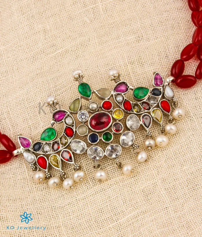 Silversmith Necklaces The Tanishka Silver Navratna Choker Necklace Vanki Oxidised
