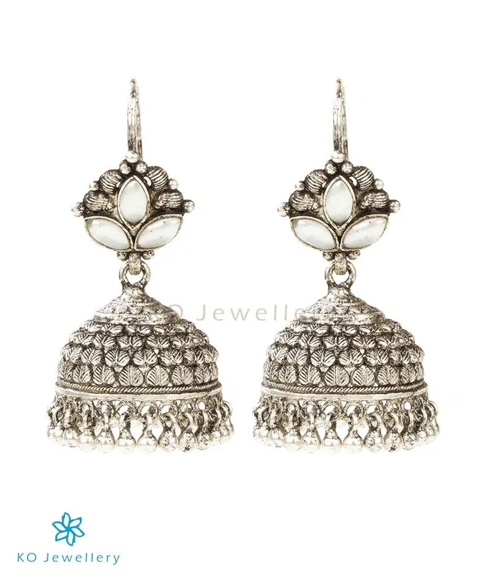 The Adhanika Silver Pearl Jhumka OxidisedPearlHook Silversmith Earrings