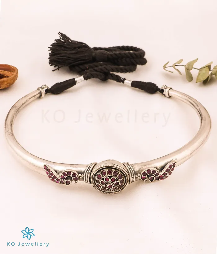 The Vidita Silver Antique Peacock Hasli Necklace Jaipur Necklaces