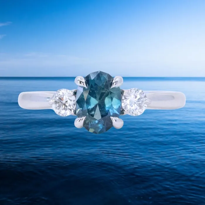 122ct Parti Nigerian Blue Sapphire and Lab Diamond Three Stone Ring in 14K White Gold Brume Rings 122ct Parti Nigerian Blue Sapphire and Lab Diamond Three Stone Ring in 14K White Gold Brume Rings