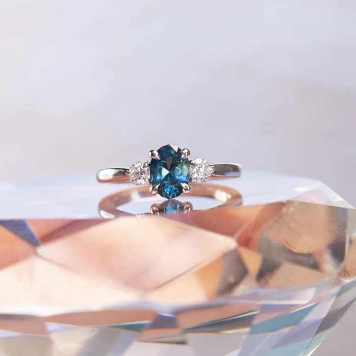 122ct Parti Nigerian Blue Sapphire and Lab Diamond Three Stone Ring in 14K White Gold Brume Rings