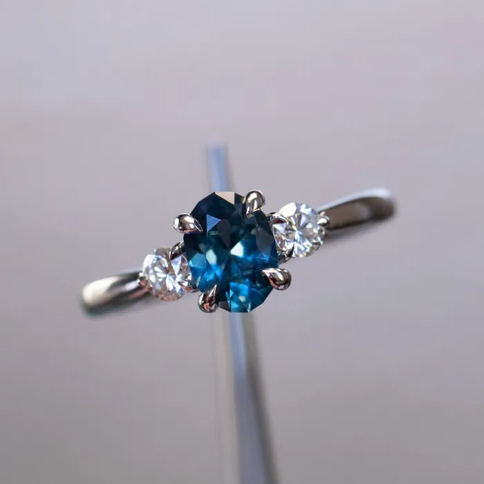 122ct Parti Nigerian Blue Sapphire and Lab Diamond Three Stone Ring in 14K White Gold Brume Rings