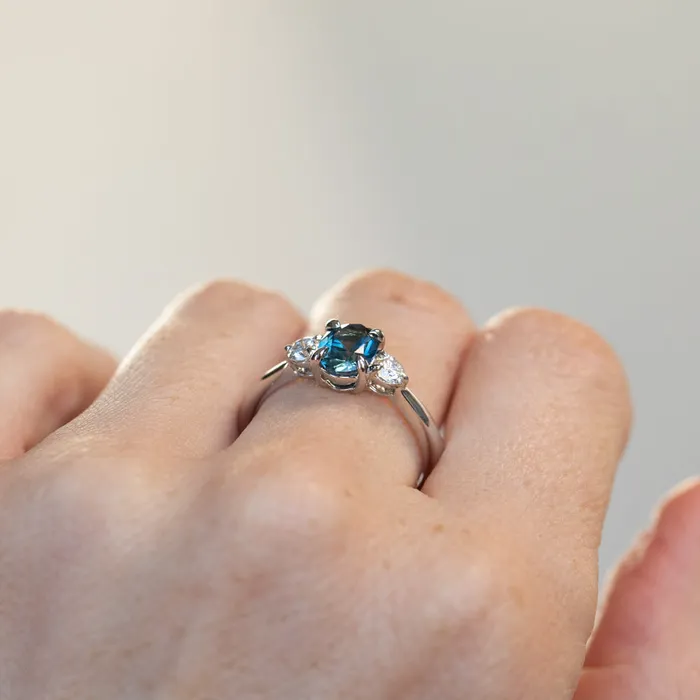 122ct Parti Nigerian Blue Sapphire and Lab Diamond Three Stone Ring in 14K White Gold Brume Rings